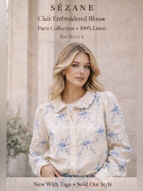 Sézane Clair Ambre Embroidered Blouse Sz 36 Linen Floral NWT Parisian Top